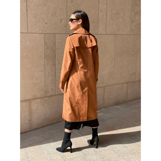 orange camel trench coat
